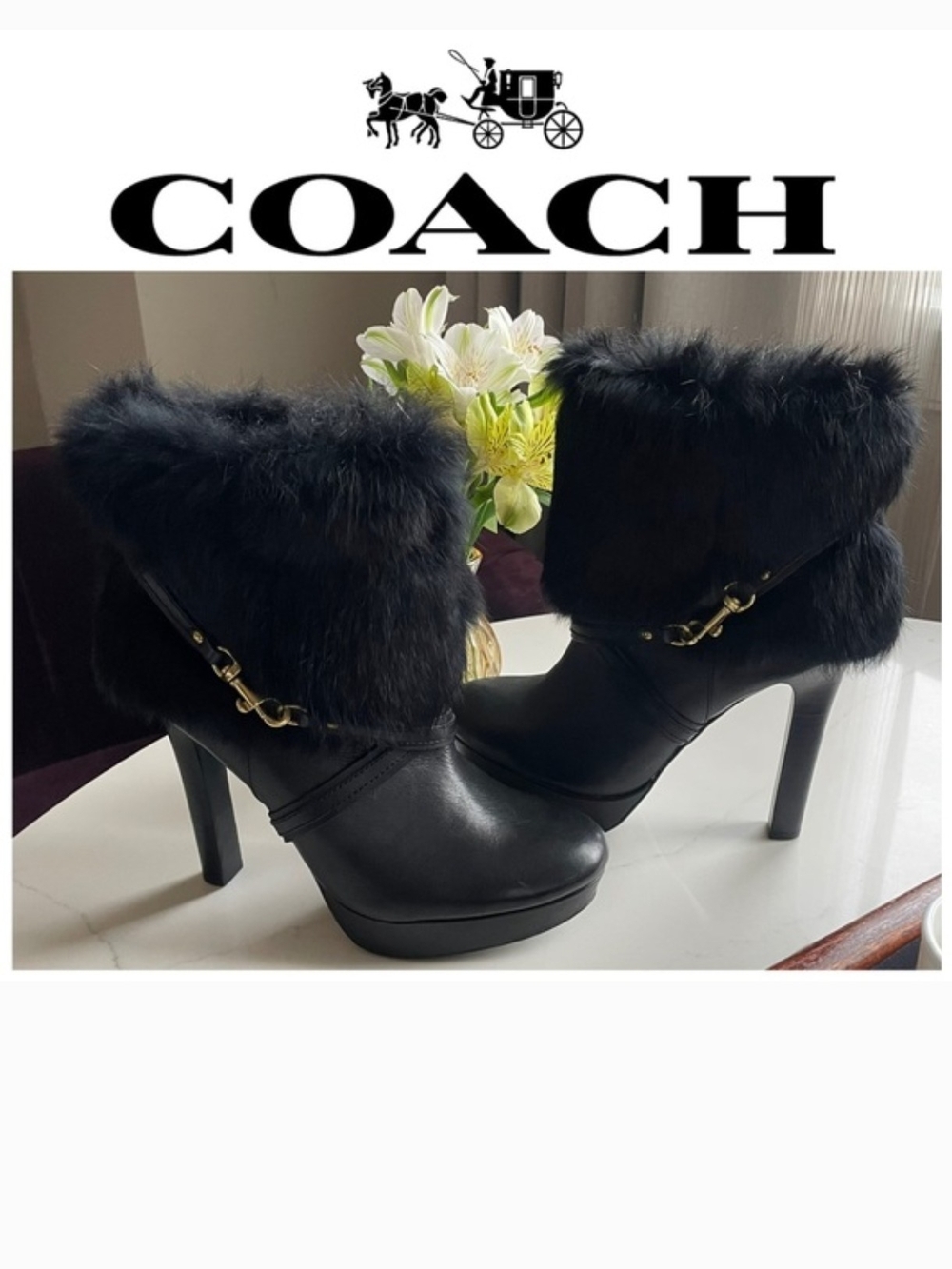 COACH Black Fur Trim Leather Platform Ankle Boots
